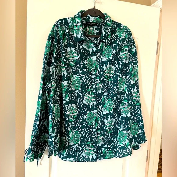 Lane Bryant Green & White Button Down Cotton Blouse with Tie Sleeves 26/28 - Picture 1 of 16